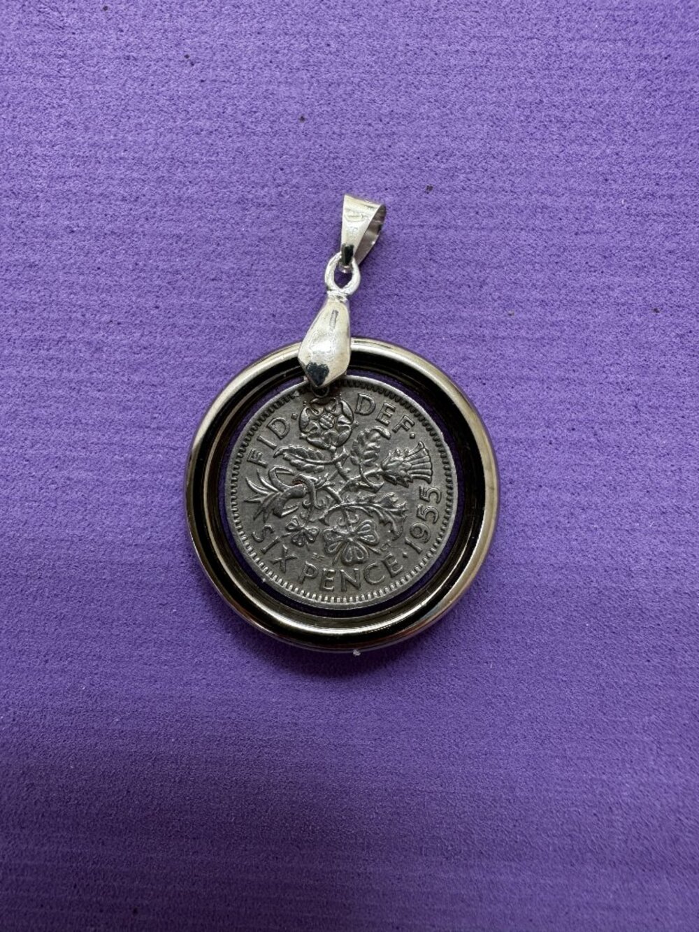 1955 British Sixpence Royal Floral Vintage Coin Resin Pendant